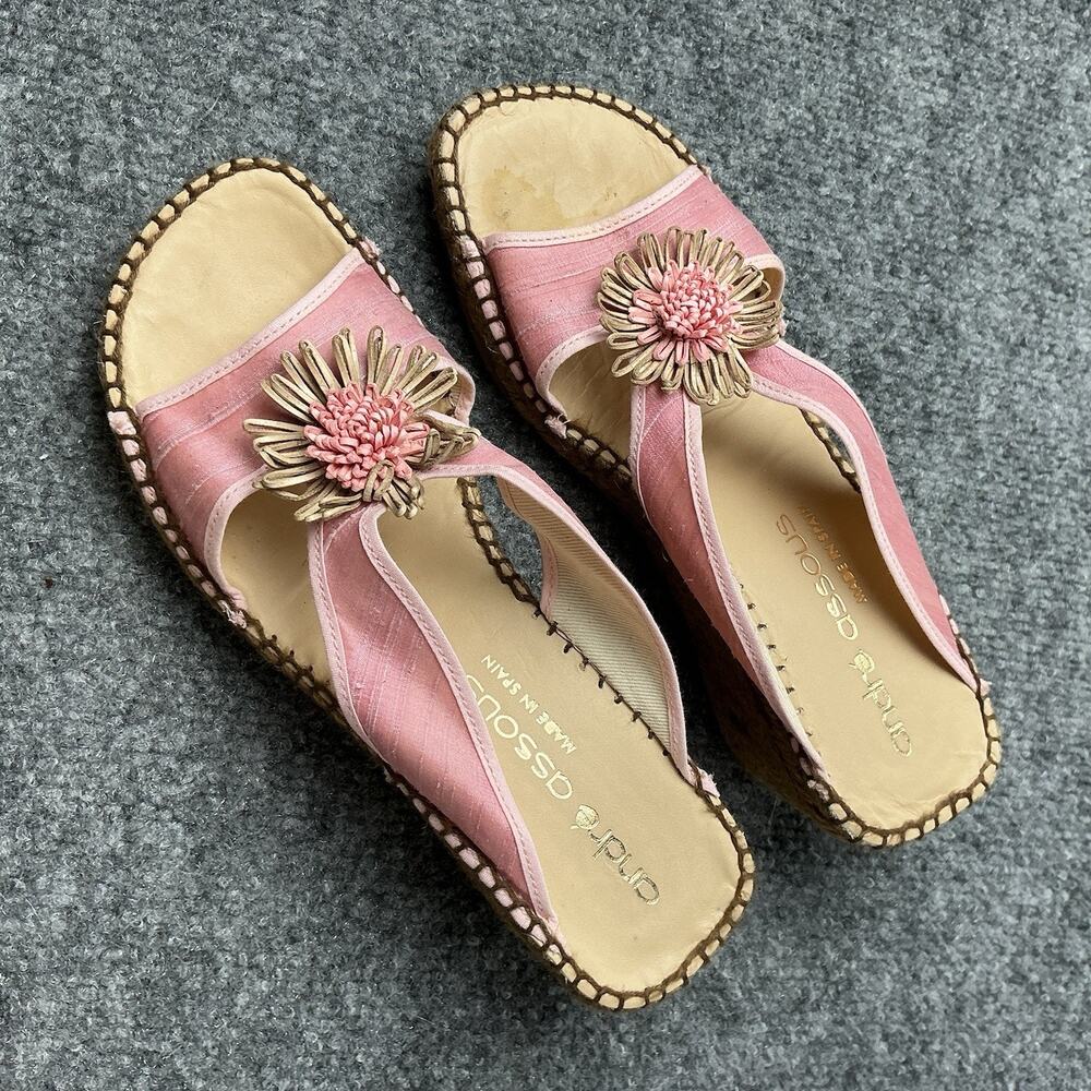 ANDRE ASSOUS PINK Silk FLOWER Slide Espadrille Wedge SANDALS Size 8 - Picture 7 of 8